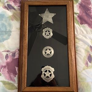 Homemade shadow box with marshal and ranger badges from across the country